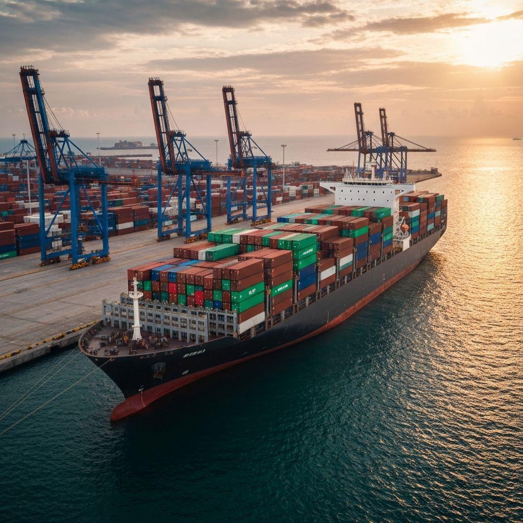 Export cargo ship at port representing international trade